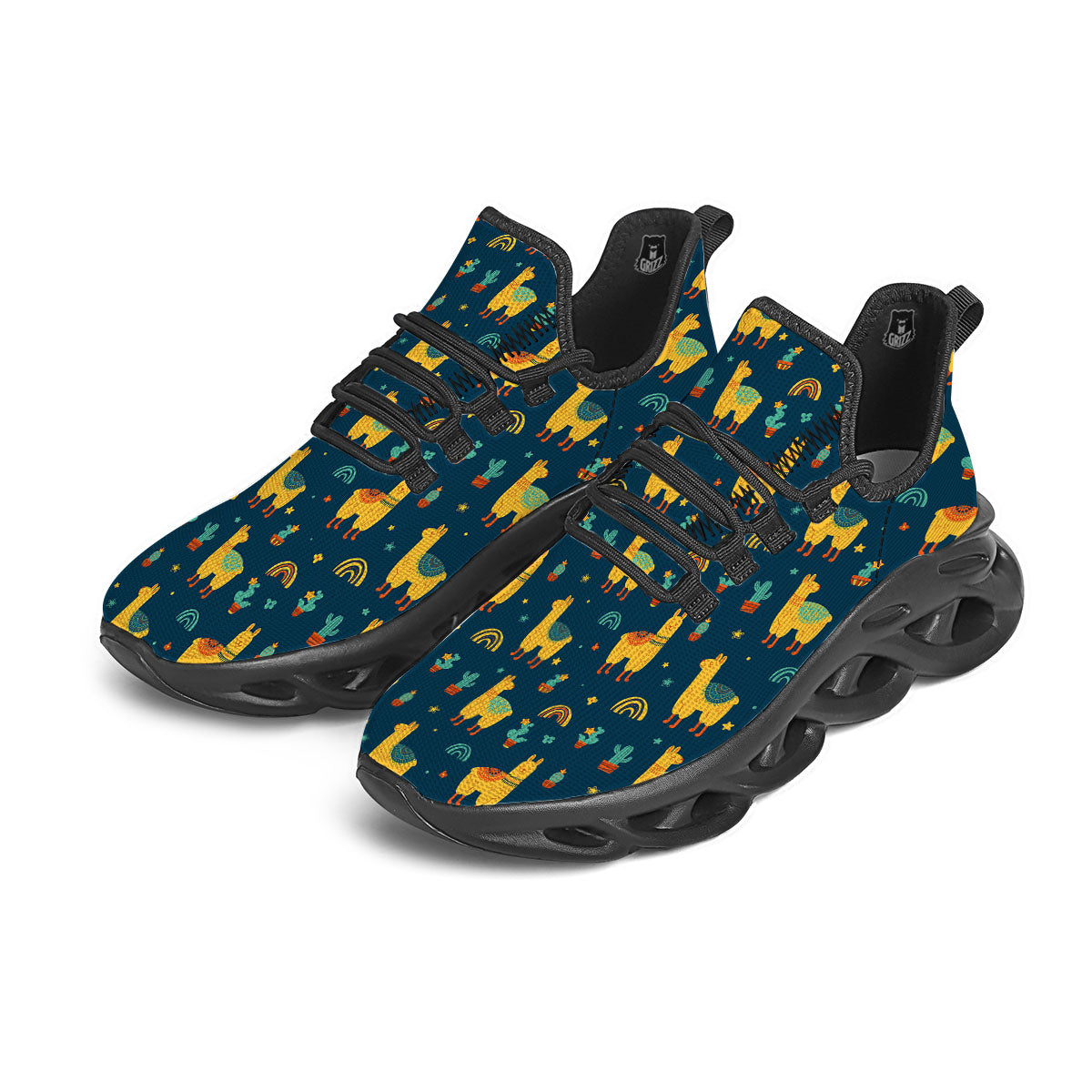 Llama Yellow Print Pattern Black Running Shoes-grizzshop