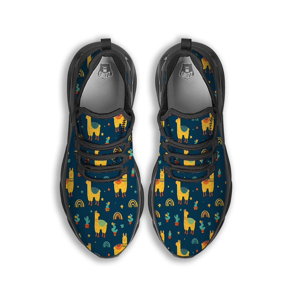 Llama Yellow Print Pattern Black Running Shoes-grizzshop