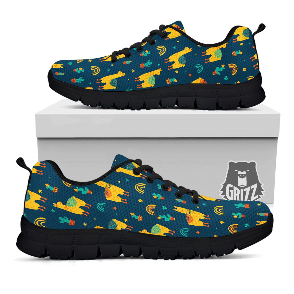 Llama Yellow Print Pattern Black Sneaker-grizzshop