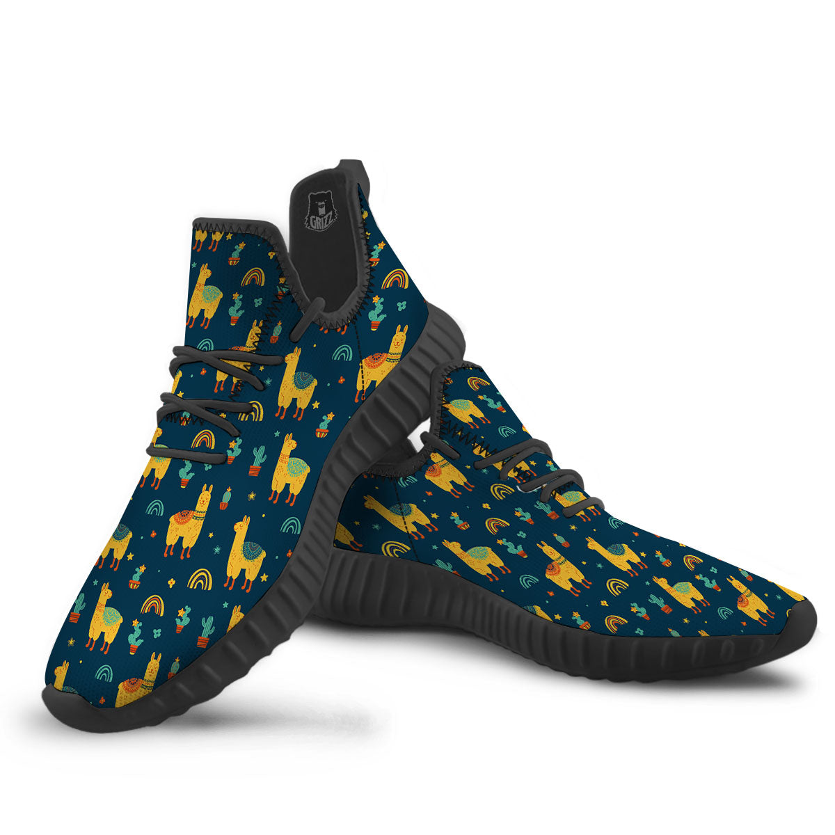 Llama Yellow Print Pattern Black Walking Shoes-grizzshop
