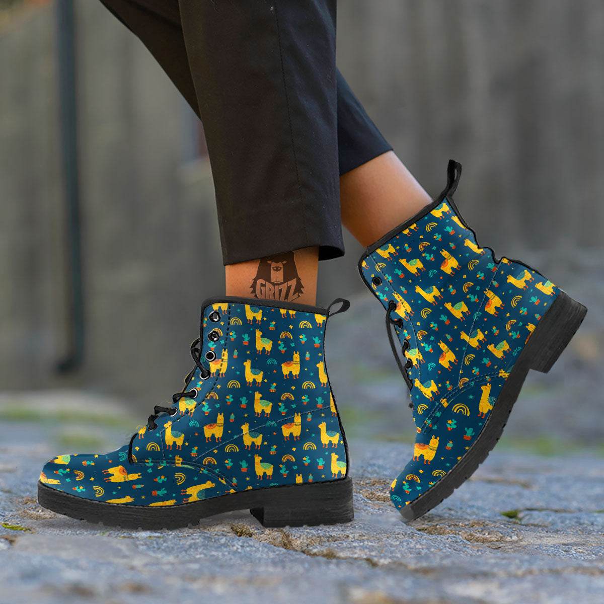 Llama Yellow Print Pattern Leather Boots-grizzshop