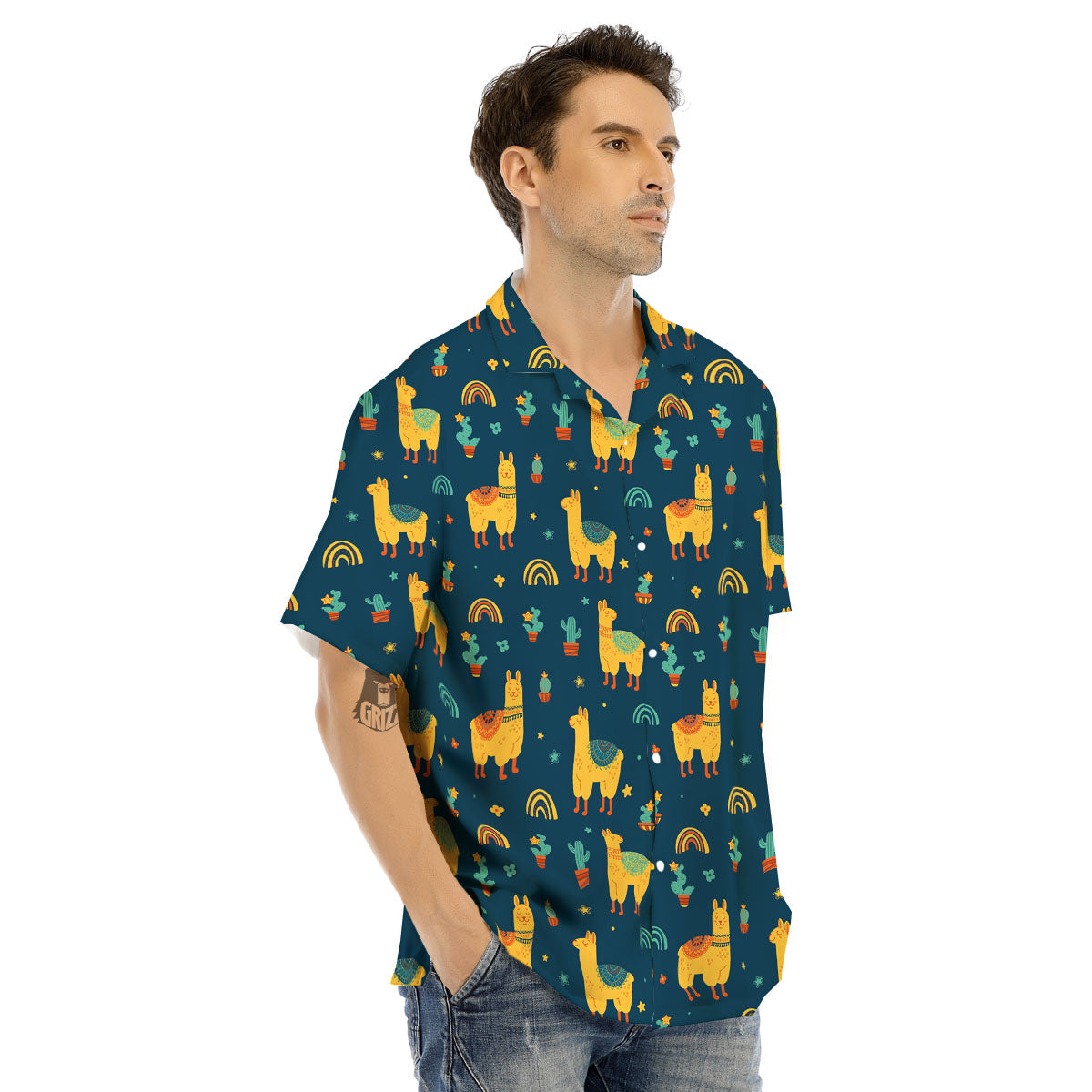 Llama Yellow Print Pattern Men's Hawaiian Shirt-grizzshop
