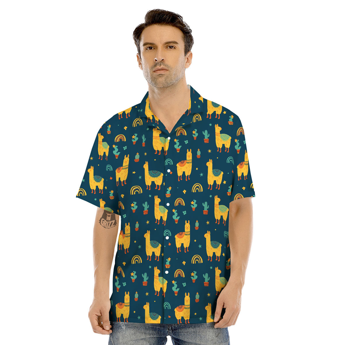 Llama Yellow Print Pattern Men's Hawaiian Shirt-grizzshop