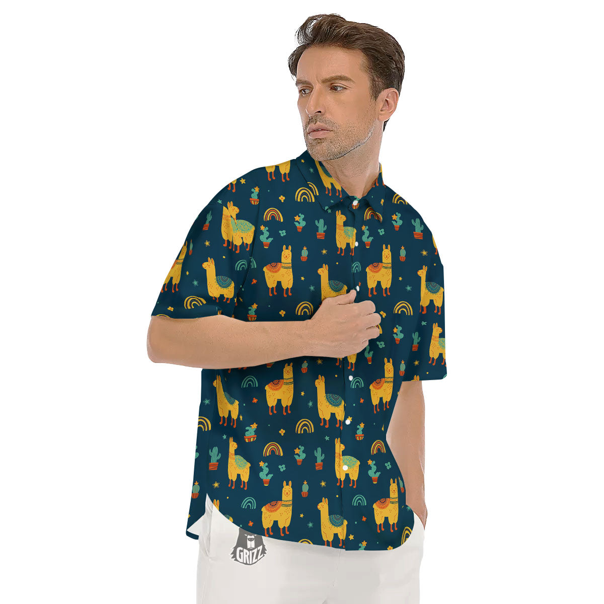 Llama Yellow Print Pattern Men's Short Sleeve Shirts-grizzshop