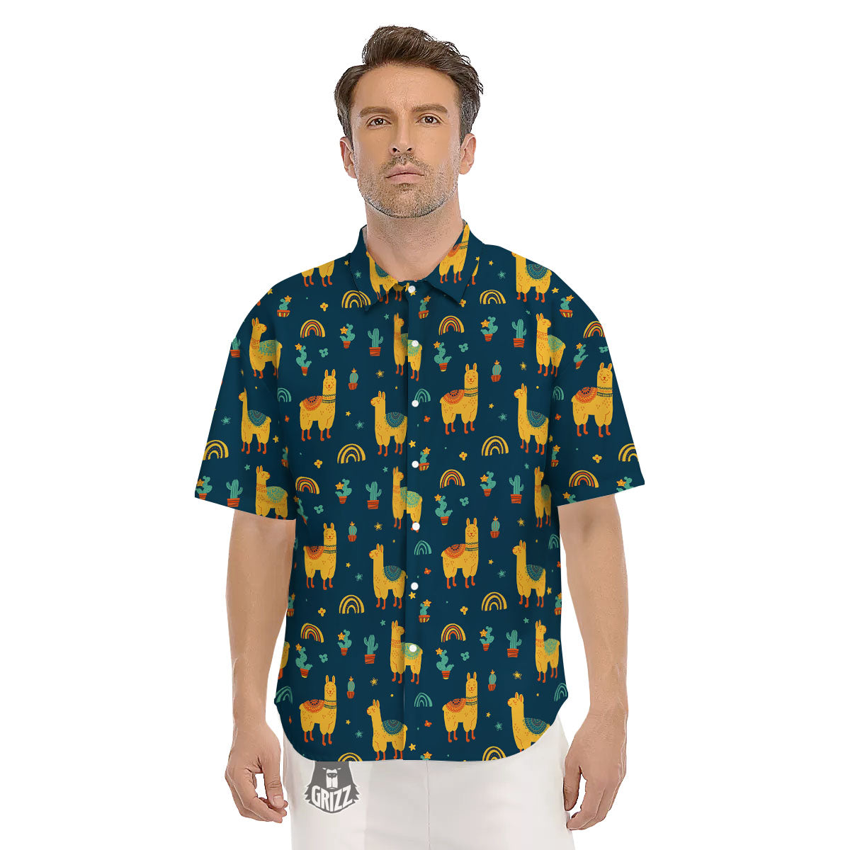 Llama Yellow Print Pattern Men's Short Sleeve Shirts-grizzshop