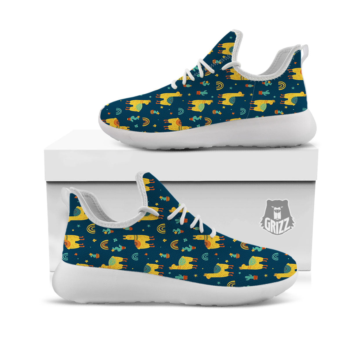 Llama Yellow Print Pattern White Athletic Shoes-grizzshop