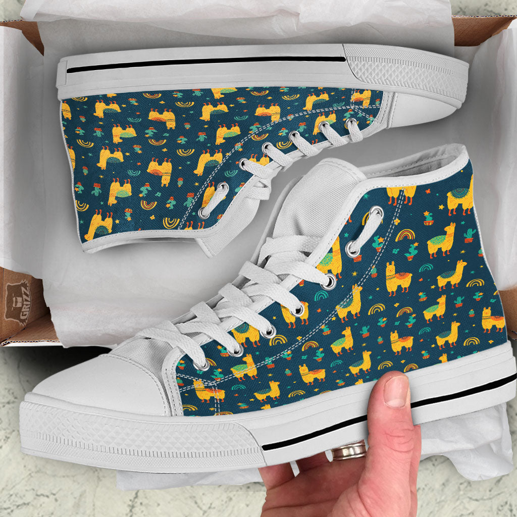 Llama Yellow Print Pattern White High Top Shoes-grizzshop