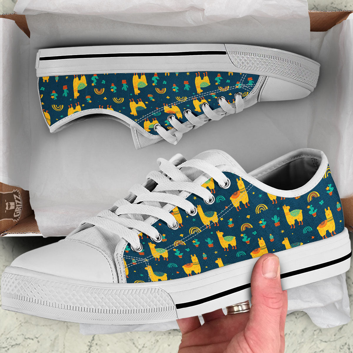 Llama Yellow Print Pattern White Low Top Shoes-grizzshop