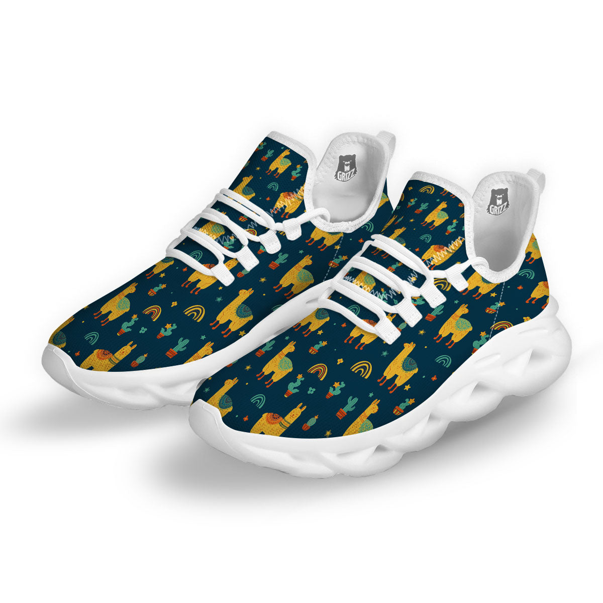 Llama Yellow Print Pattern White Running Shoes-grizzshop