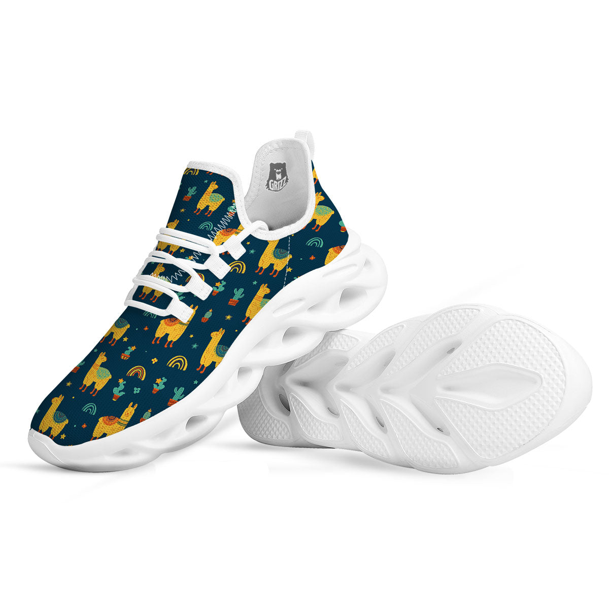 Llama Yellow Print Pattern White Running Shoes-grizzshop