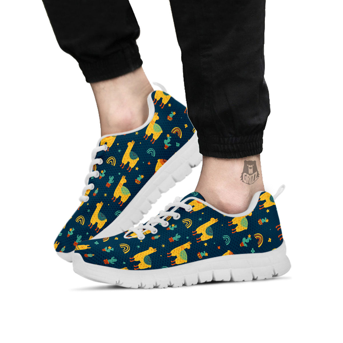 Llama Yellow Print Pattern White Sneaker-grizzshop