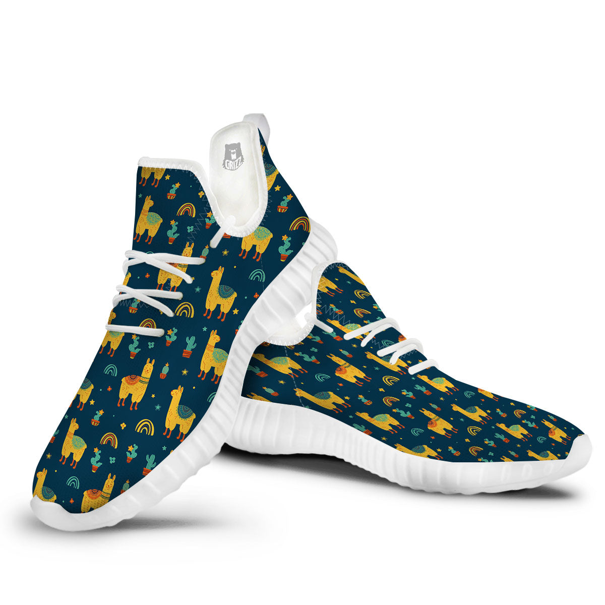 Llama Yellow Print Pattern White Walking Shoes-grizzshop