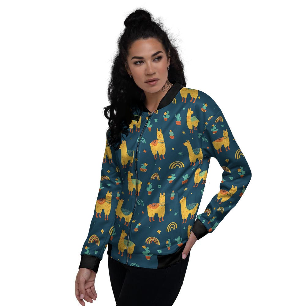 Llama Yellow Print Pattern Women's Bomber Jacket-grizzshop
