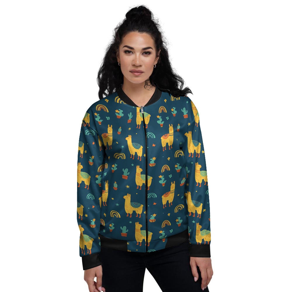 Llama Yellow Print Pattern Women's Bomber Jacket-grizzshop