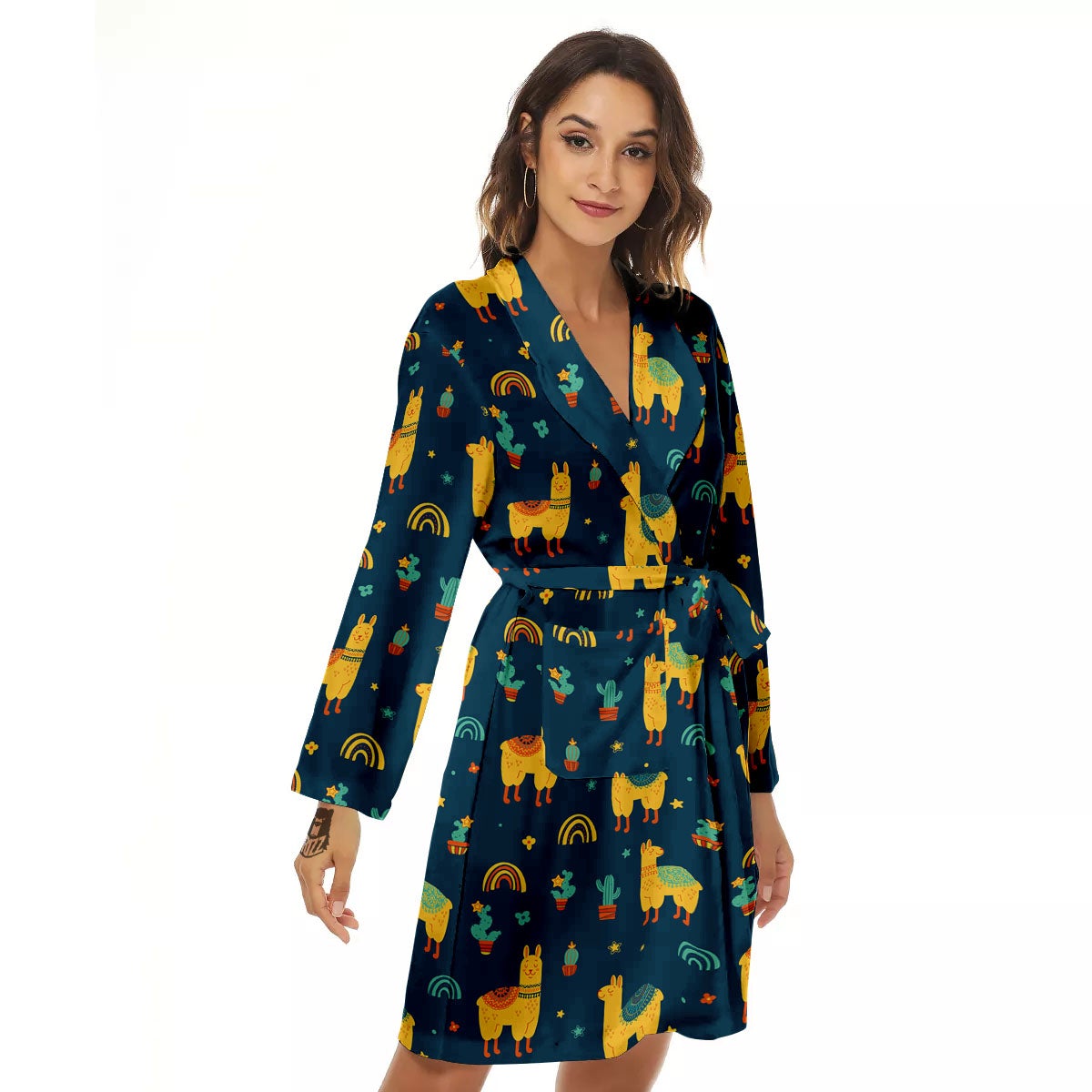 Llama Yellow Print Pattern Women's Robe-grizzshop