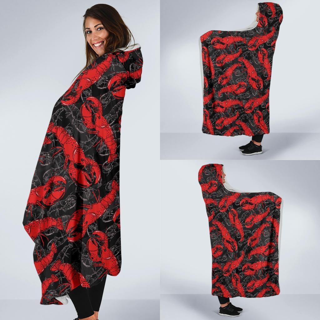 Lobster Black Pattern Print Hooded Blanket-grizzshop