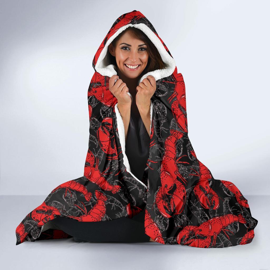 Lobster Black Pattern Print Hooded Blanket-grizzshop