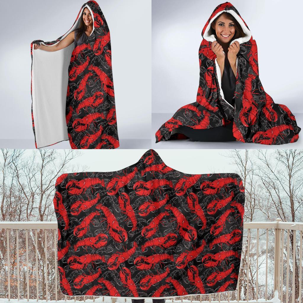 Lobster Black Pattern Print Hooded Blanket-grizzshop