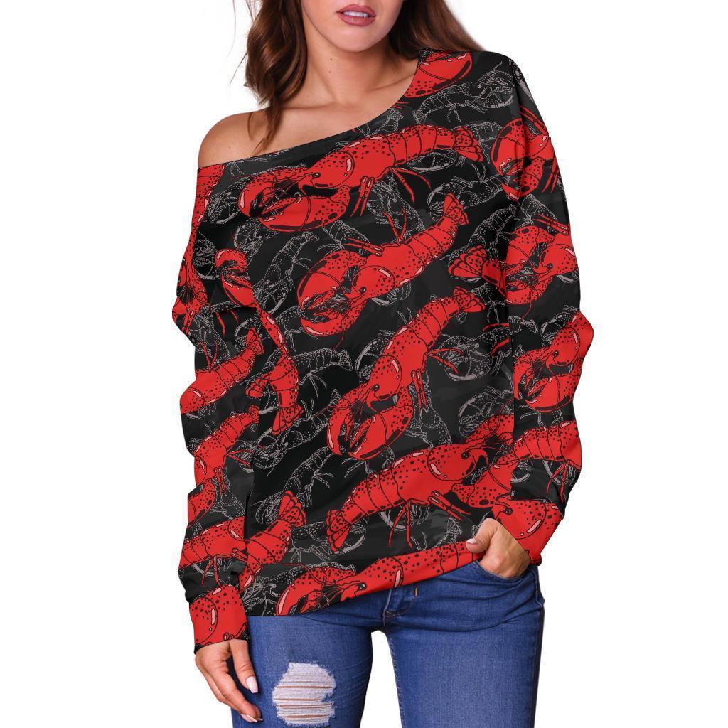 Lobster Black Pattern Print Women Off Shoulder Sweatshirt-grizzshop