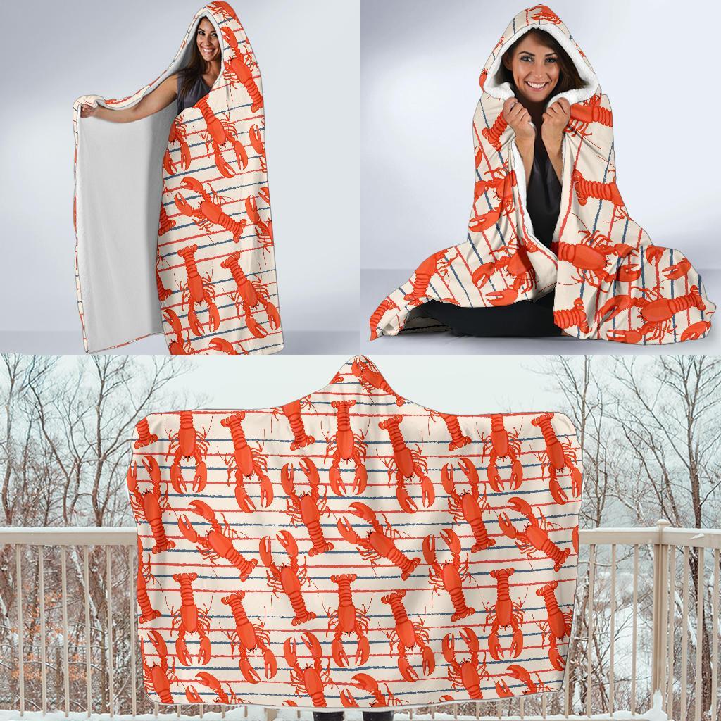 Lobster Print Pattern Hooded Blanket-grizzshop