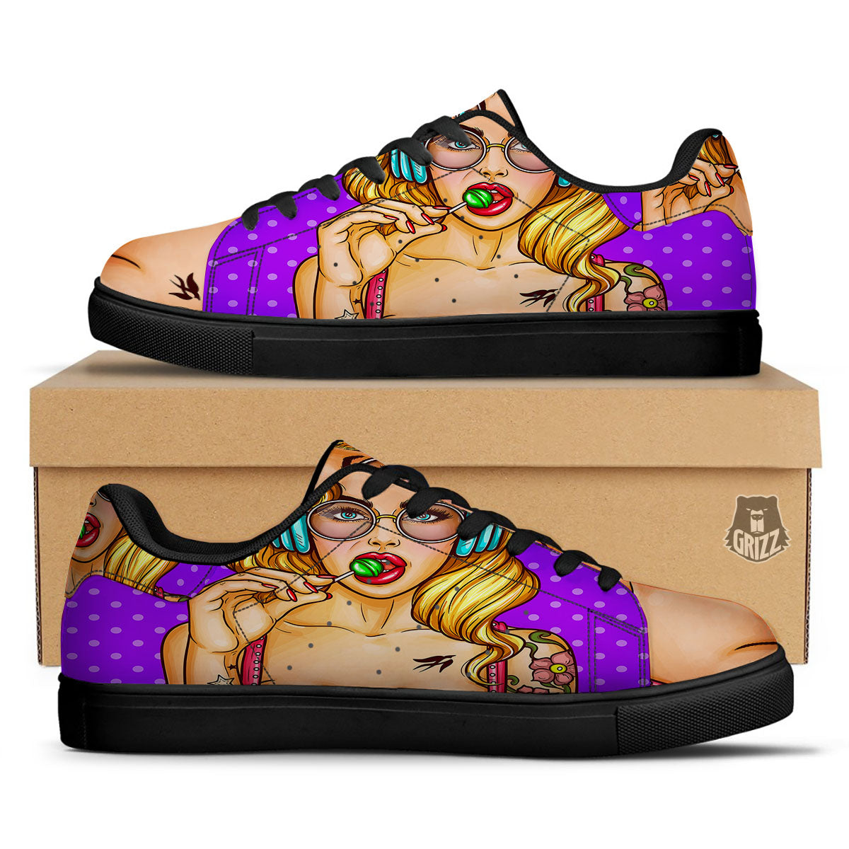 Lollipop And Punk Girl Print Black Low Top Sneakers-grizzshop