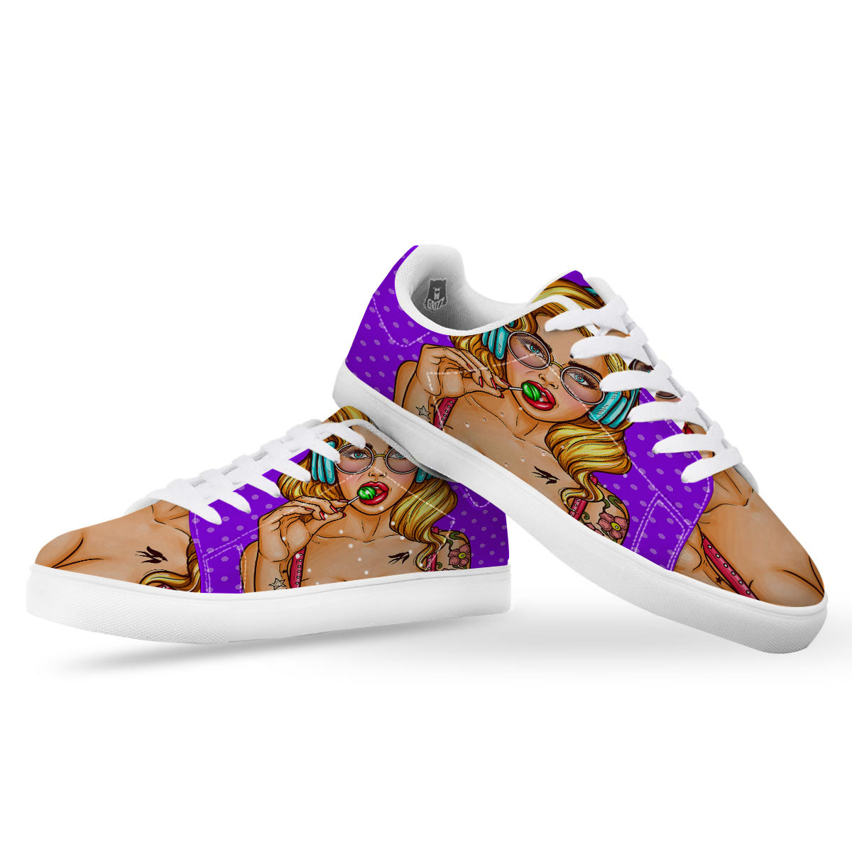 Lollipop And Punk Girl Print White Low Top Sneakers-grizzshop