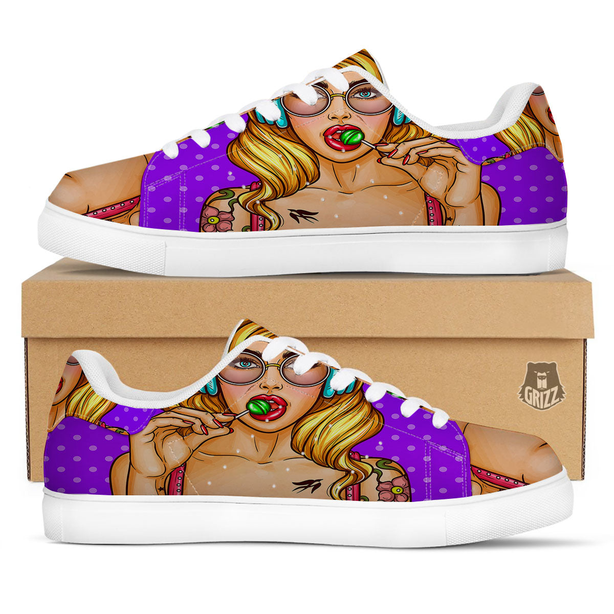 Lollipop And Punk Girl Print White Low Top Sneakers-grizzshop