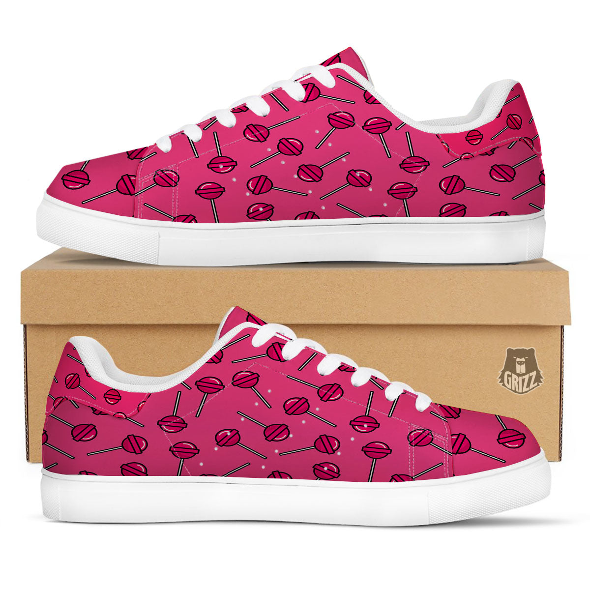 Lollipop Candy Pink Print Pattern White Low Top Sneakers-grizzshop