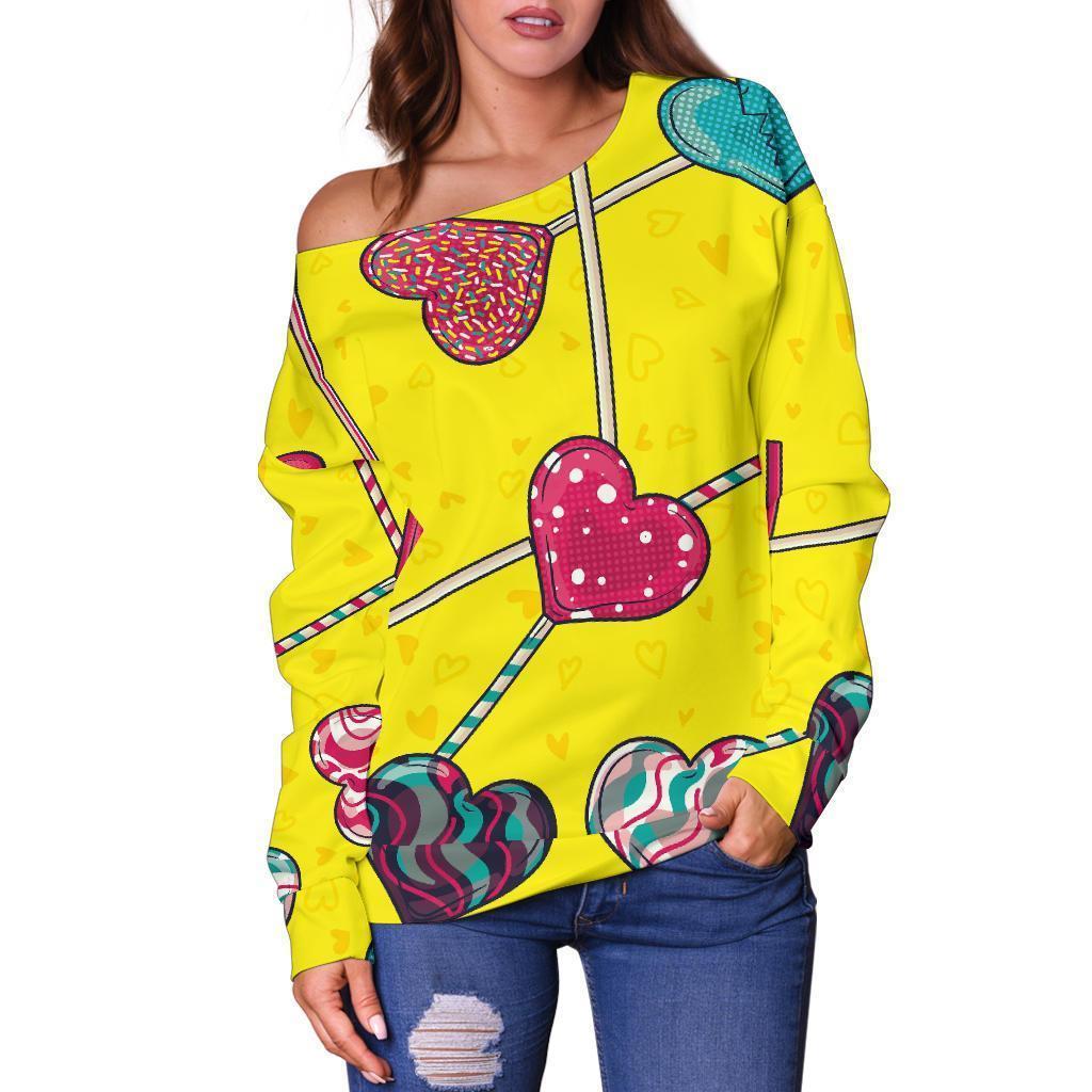 Lollipop Heart Pattern Print Women Off Shoulder Sweatshirt-grizzshop