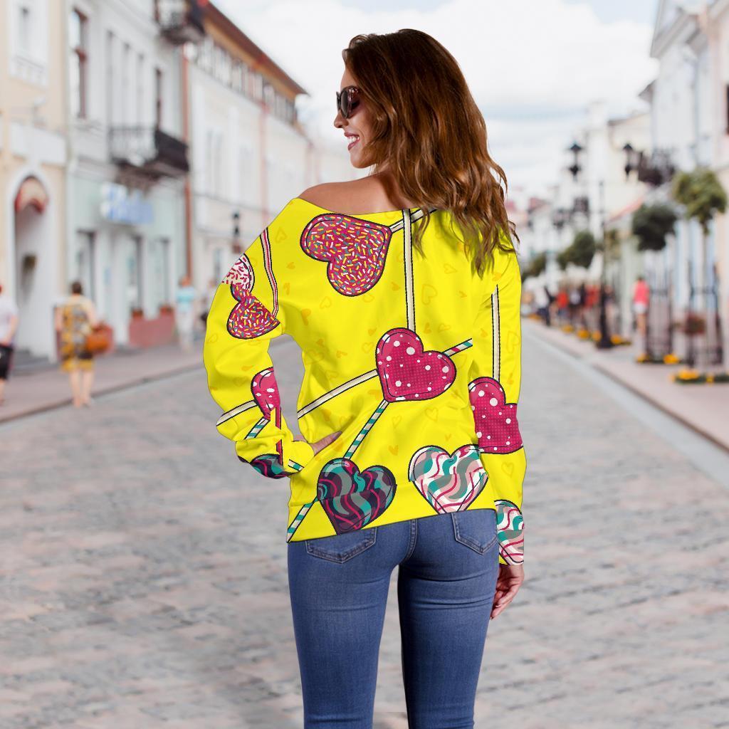 Lollipop Heart Pattern Print Women Off Shoulder Sweatshirt-grizzshop