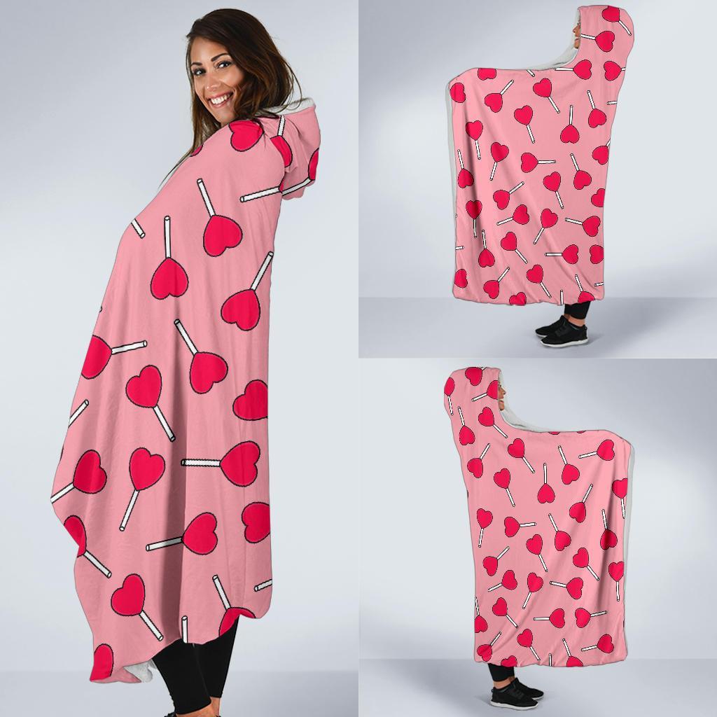 Lollipop Heart Print Pattern Hooded Blanket-grizzshop