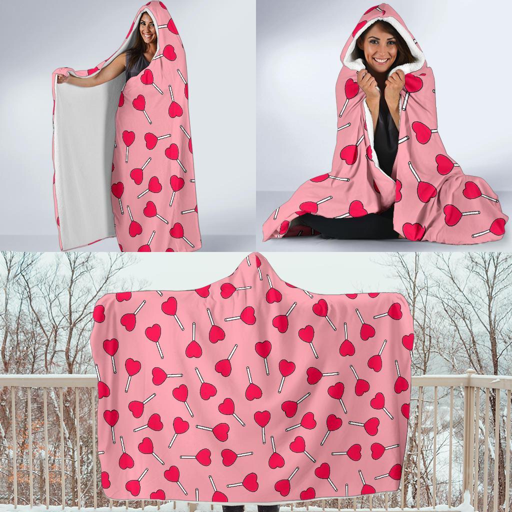 Lollipop Heart Print Pattern Hooded Blanket-grizzshop