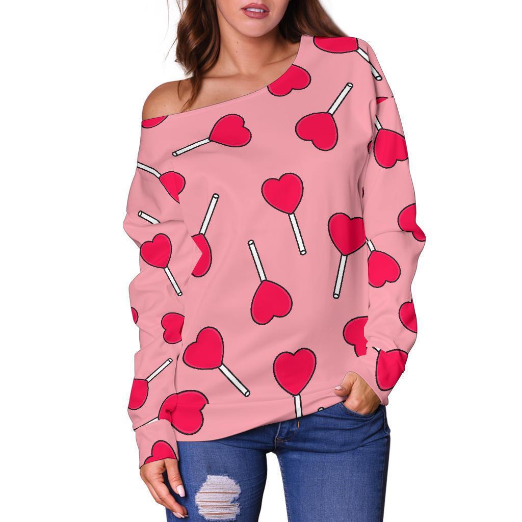 Lollipop Heart Print Pattern Women Off Shoulder Sweatshirt-grizzshop