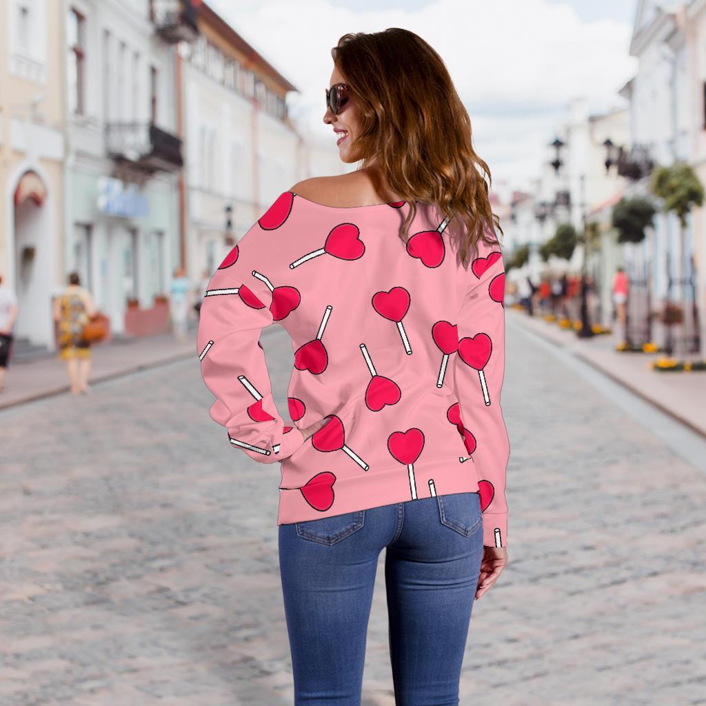 Lollipop Heart Print Pattern Women Off Shoulder Sweatshirt-grizzshop
