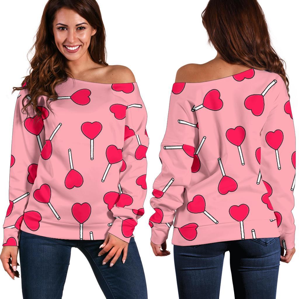 Lollipop Heart Print Pattern Women Off Shoulder Sweatshirt-grizzshop