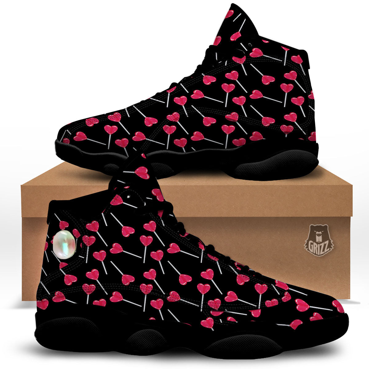 Lollipop Red Heart Print Pattern Black Basketball Shoes-grizzshop
