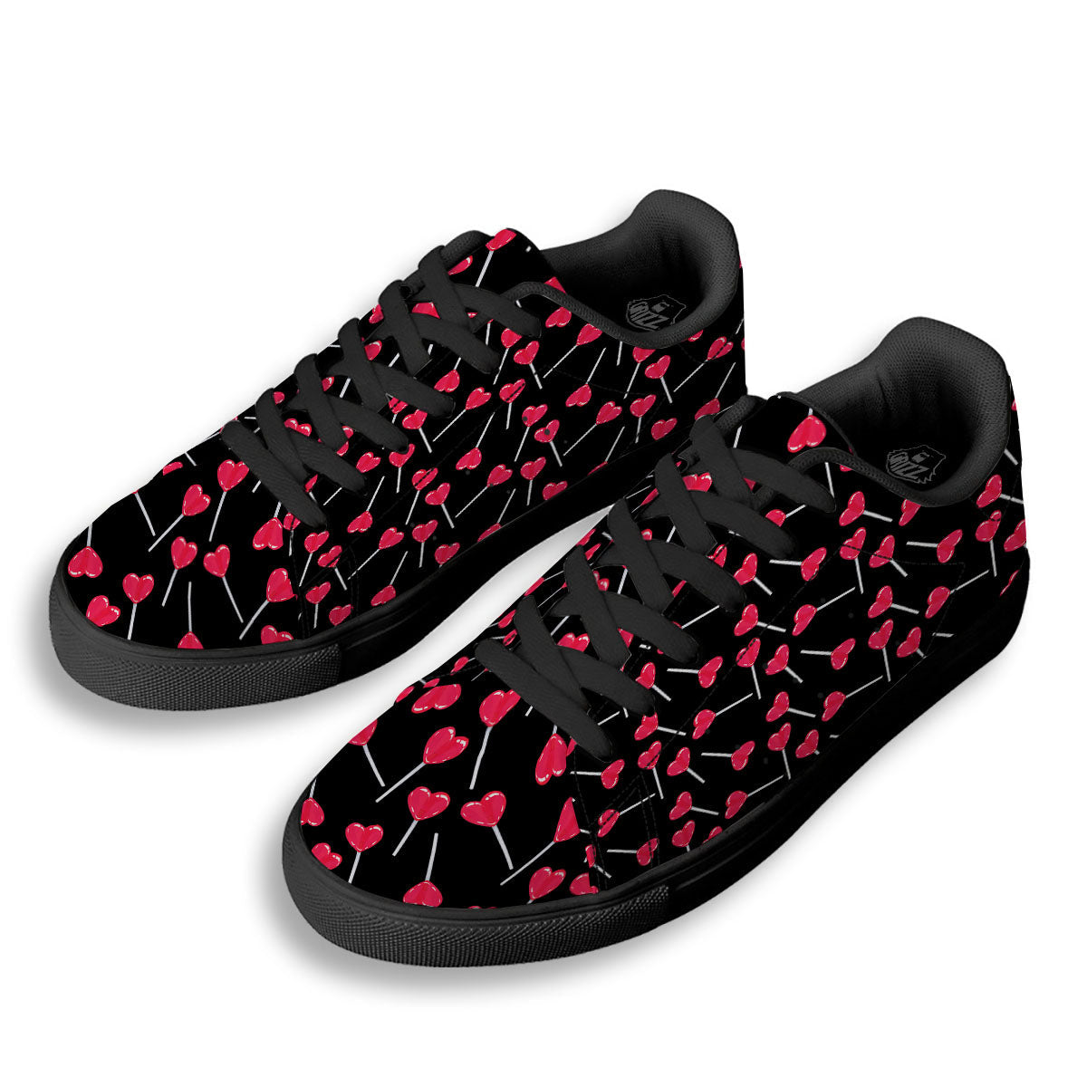 Lollipop Red Heart Print Pattern Black Low Top Sneakers-grizzshop
