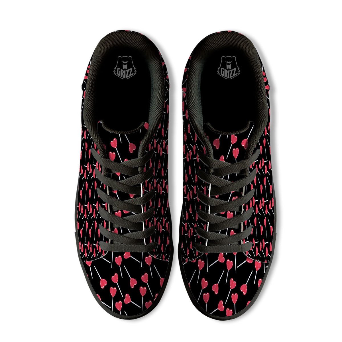 Lollipop Red Heart Print Pattern Black Low Top Sneakers-grizzshop