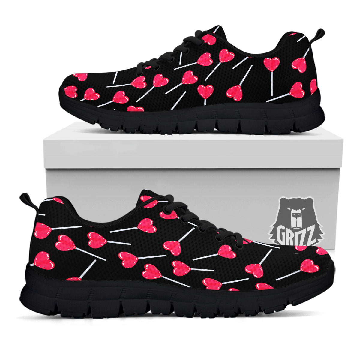 Lollipop Red Heart Print Pattern Black Sneaker-grizzshop