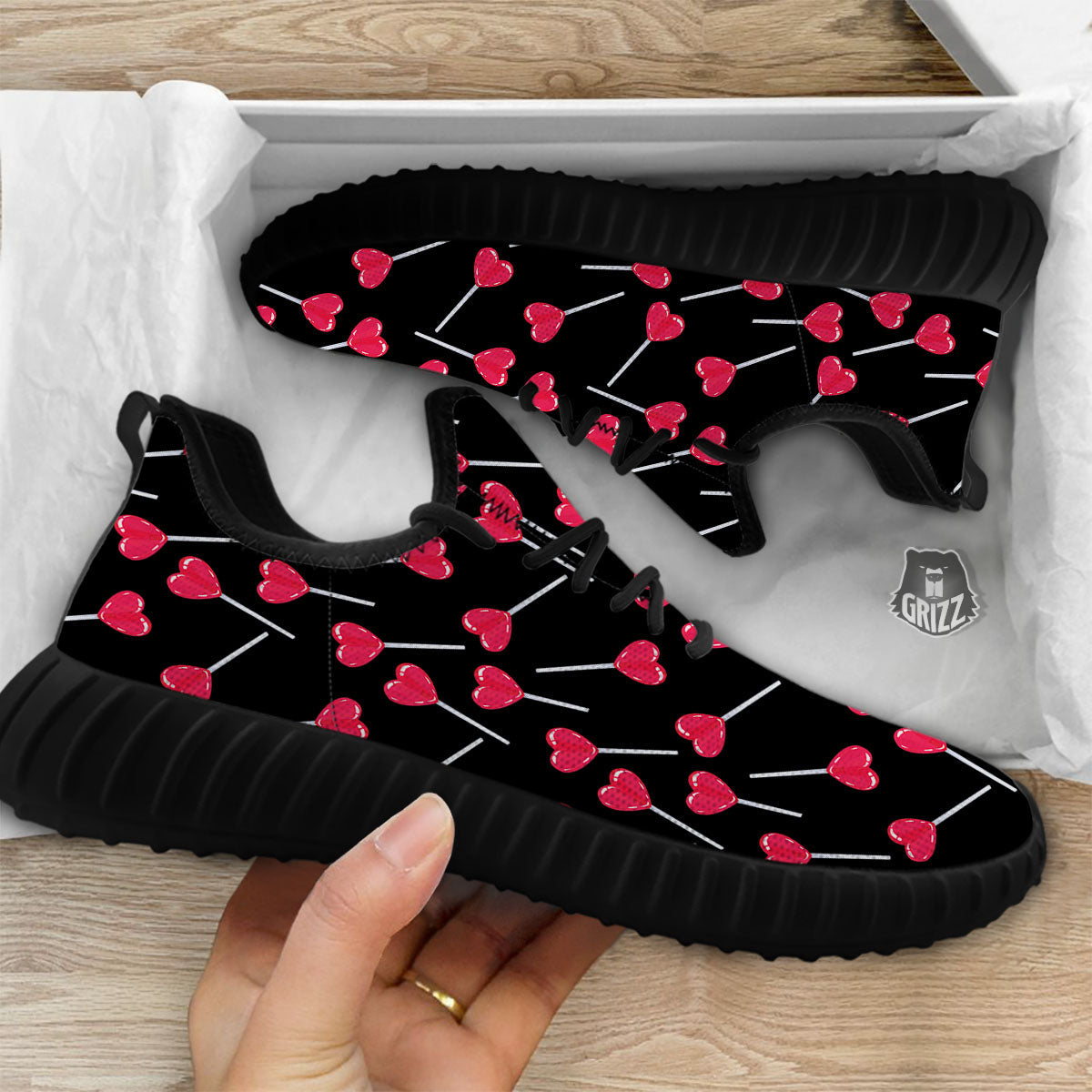 Lollipop Red Heart Print Pattern Black Walking Shoes-grizzshop