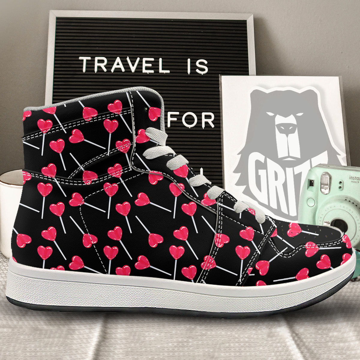 Lollipop Red Heart Print Pattern High Top Sneakers-grizzshop