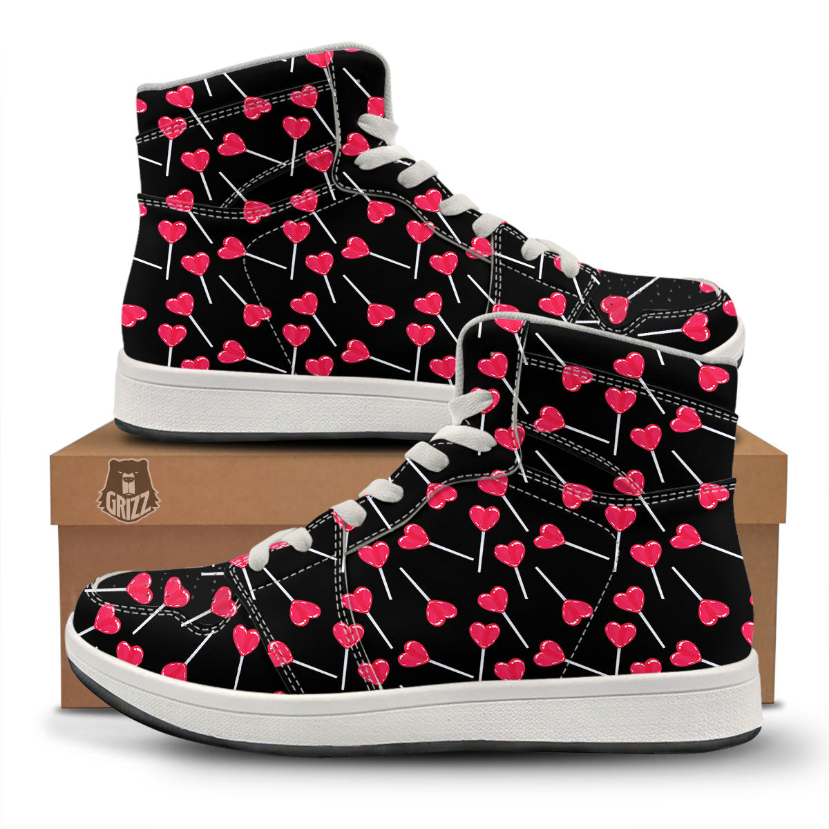 Lollipop Red Heart Print Pattern High Top Sneakers-grizzshop