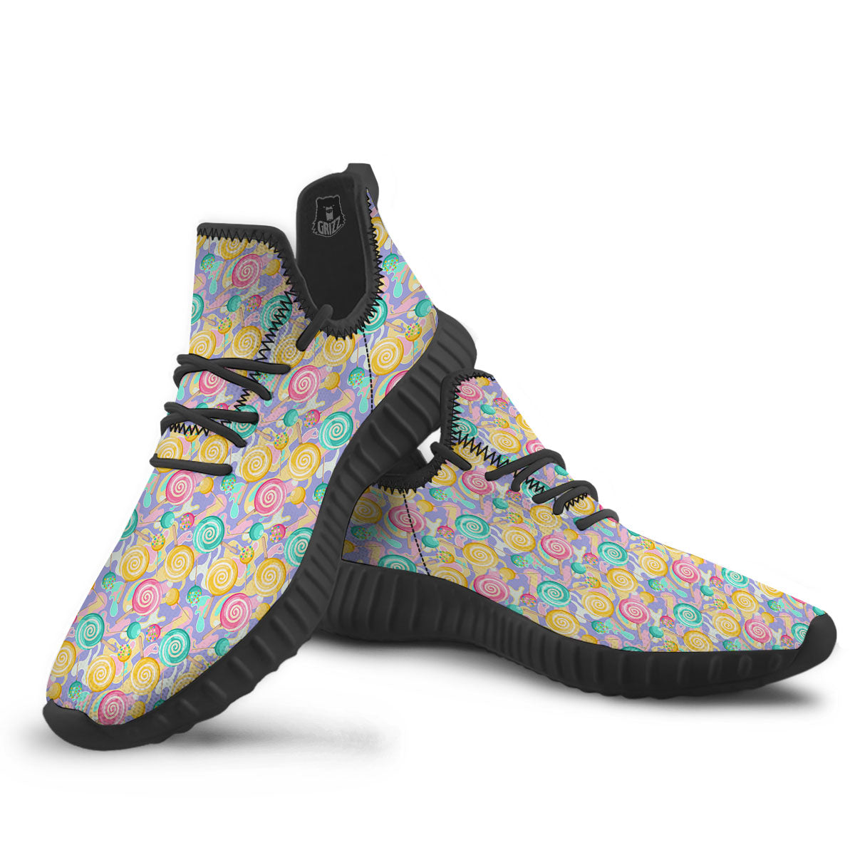 Lollipop Swirl Colorful Print Pattern Black Walking Shoes-grizzshop