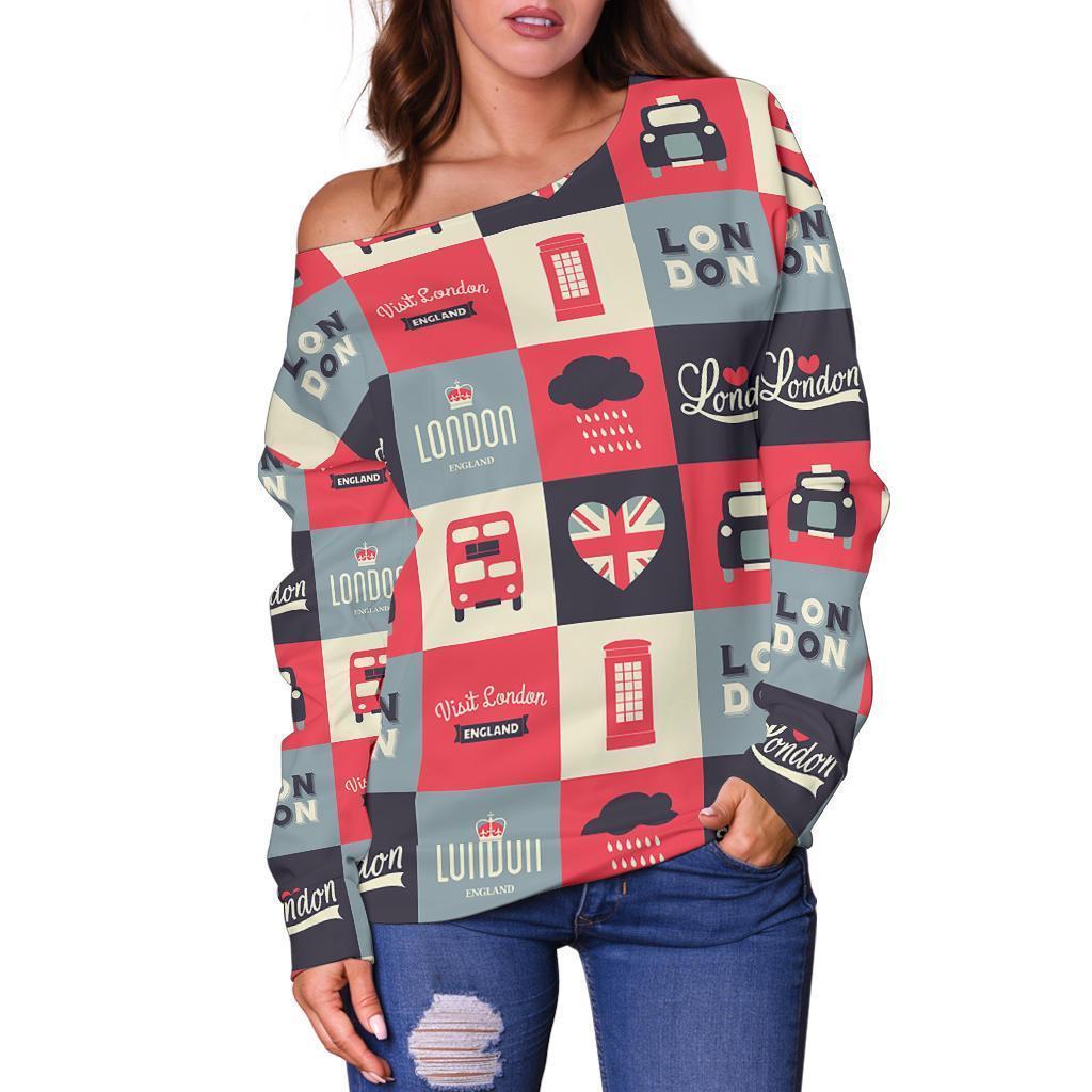 London Lover Pattern Print Women Off Shoulder Sweatshirt-grizzshop