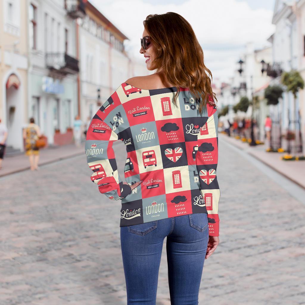 London Lover Pattern Print Women Off Shoulder Sweatshirt-grizzshop