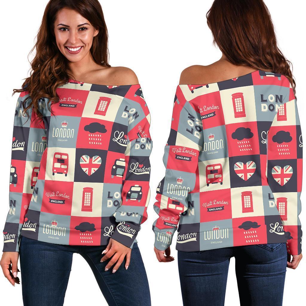 London Lover Pattern Print Women Off Shoulder Sweatshirt-grizzshop