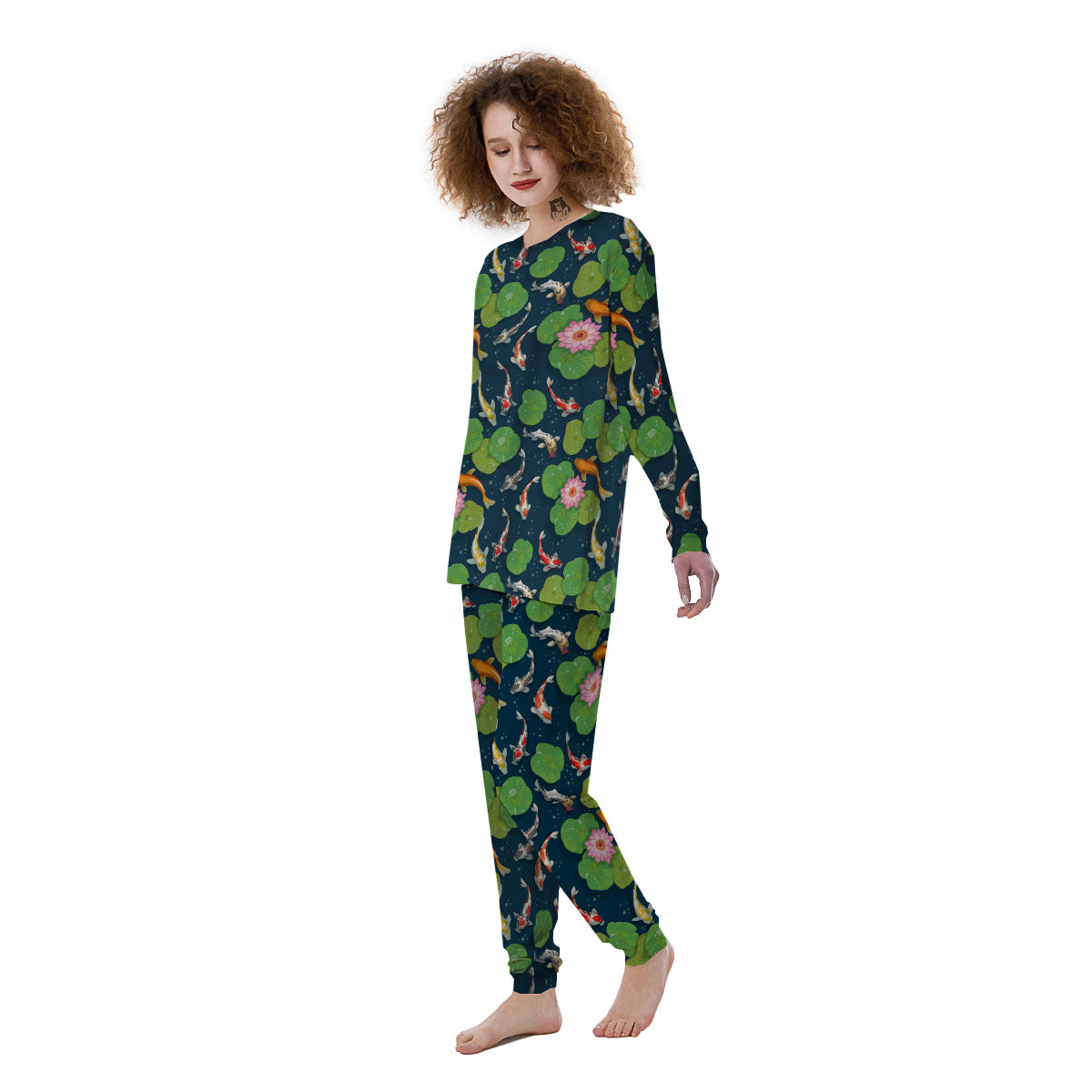 Lotus And Koi Carp Print Pattern Women's Pajamas-grizzshop