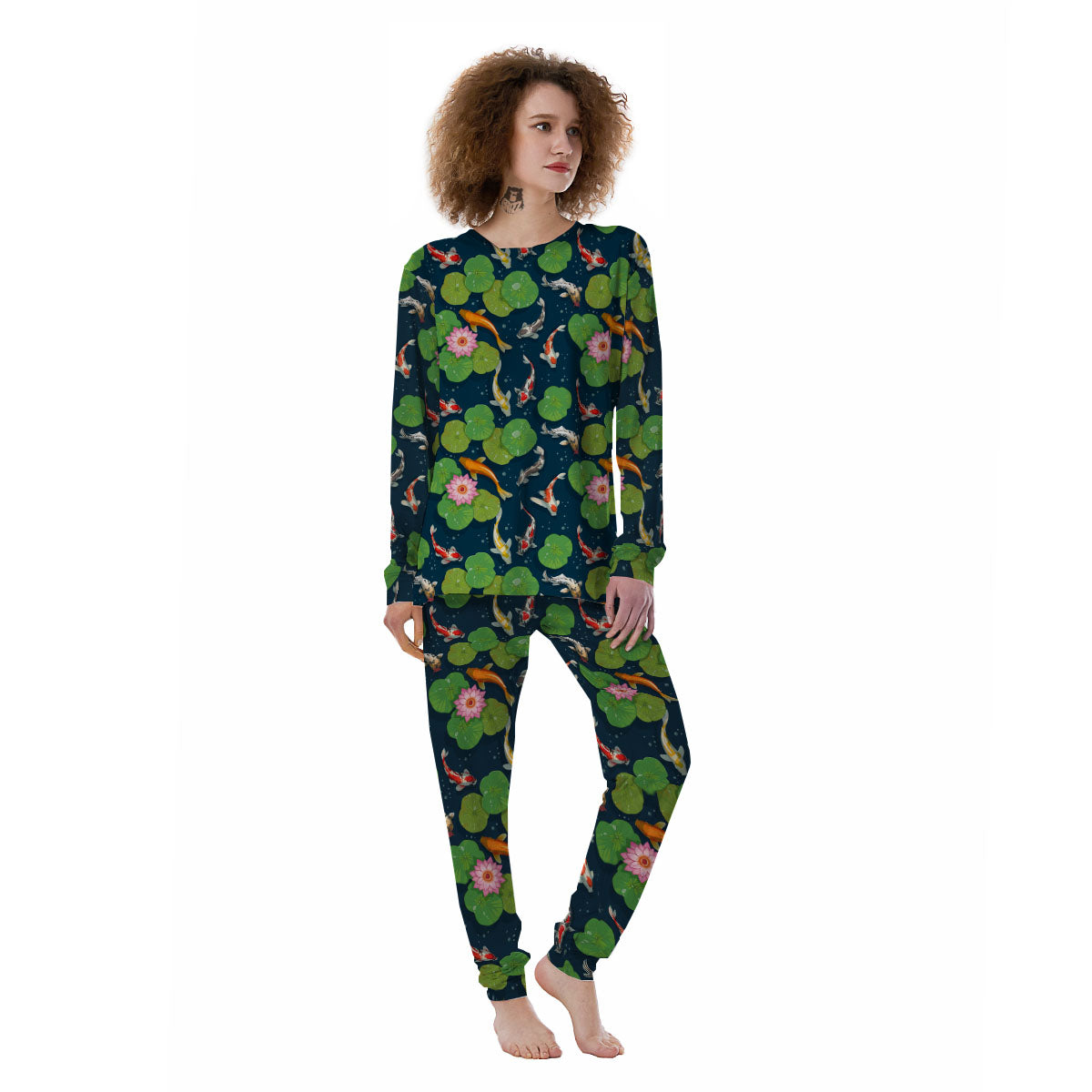 Lotus And Koi Carp Print Pattern Women's Pajamas-grizzshop