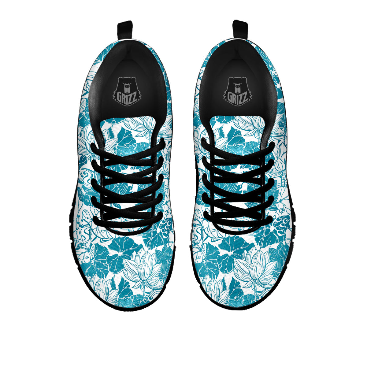 Lotus Blue And White Flower Print Pattern Black Sneaker-grizzshop