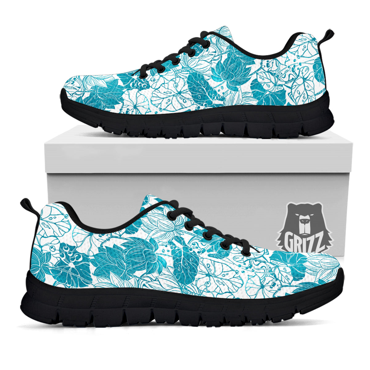 Lotus Blue And White Flower Print Pattern Black Sneaker-grizzshop